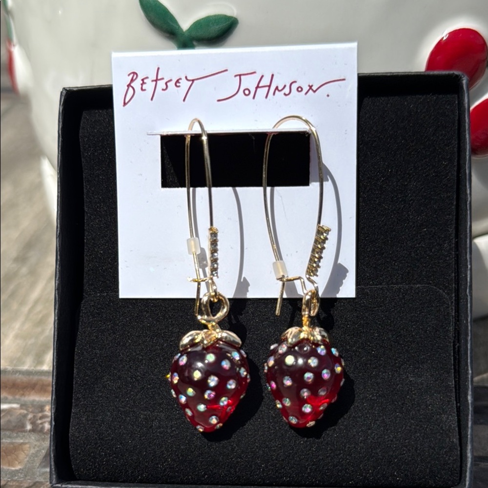 NWT! Betsey Johnson Red Strawberry Gold Polka Dot Dangle Earrings